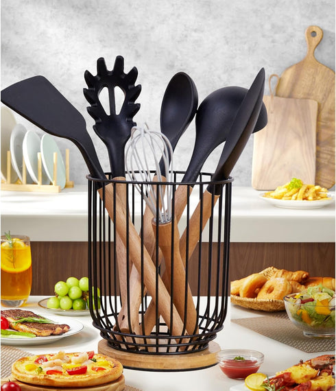 Utensil holder for Kitchen Counter,Large Utensils Holder For Farmhouse Cooking, Utensil Caddy Spatula Holder (Metal+Bamboo-1)