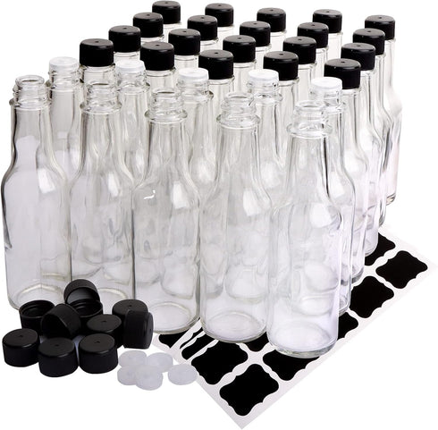 30 Pack Hot Sauce Bottles, 5oz Clear Woozy Bottles with Leak Proof Black Caps and Labels
