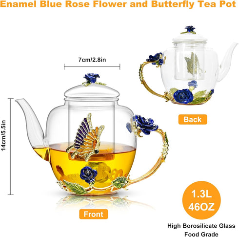 46oz/1300ml Enamel Glass Teapot With Rose Flower Butterfly And Gold Edge,Blue Rose Teapot With Infuser And Lid