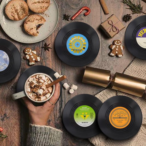 Funny Retro Record Coasters for Drinks, Set of 6 Vinyl Player Holder for Music Lovers, Conversation Piece Drink Coasters