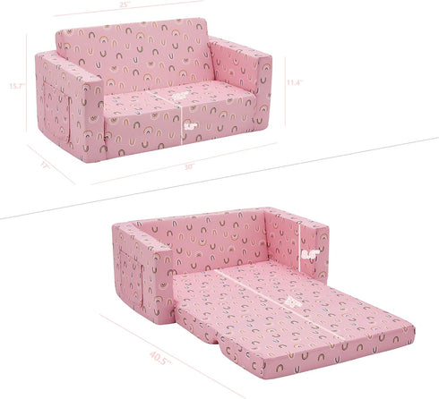 2-in-1 Ulax furniture Kids Fold Out Couch Children Convertible Sofa to Lounger with Soft Plush Fabric(Pink Rainbow)