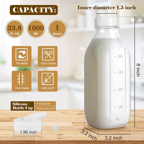LOSANJI 4 Pack 32 Oz 2 2 1Qt Glass Milk Bottles with Nut Milk Bag & Pour Spout & Airtight Lids & Brush- Scale Mark