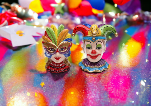 Clown and Girl Wearing a Mask Ceramic Salt and Pepper Shakers Set