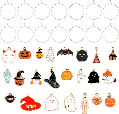 23pcs Halloween Wine Charms Set, Enamel Ghost Pumpkin Bat Wizard Hat Broomstick Markers for Glasses