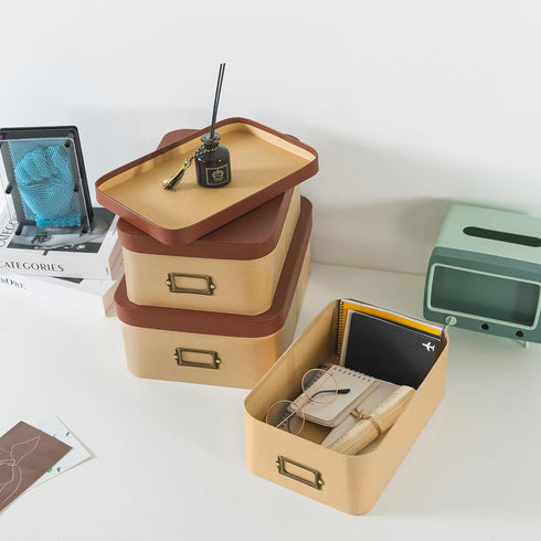 Soul & Lane Kraft Decorative Boxes - Set of 3, Cardboard with Light Leather Lids, Bronze Label Holders for Home Decor