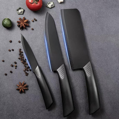 Magicorange 7-Piece Kitchen Knife Set - 5 Black Stainless Steel Knives with Sheaths, Cutting Board, Knife Block