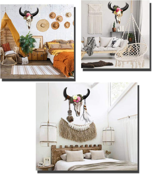alikiki Floral Cow Skull Wall Decor – DIY Faux Bull Skull Head Wall Hanging 3D Boho Chic Decor with Dreamcatcher Feather