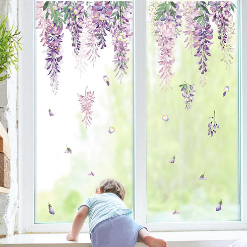 wondever Summer Purple Flower Window Clings, Double-Side Static Wisteria Floral Leaf Glass Sticker Decals for Home