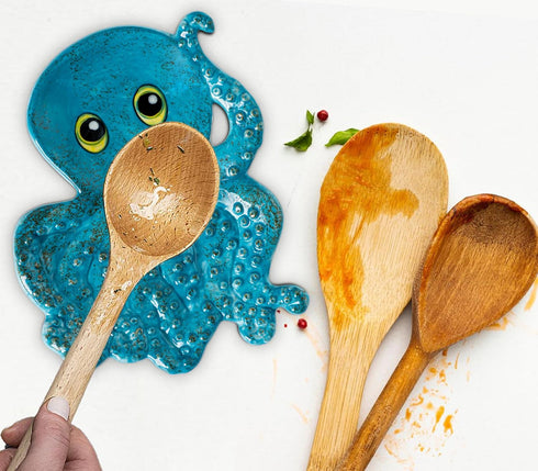 Octopus Spoon Rest for Stove Top, Ceramic Kitchen Counter Spoon Holder, Cute Blue Utensil Rest