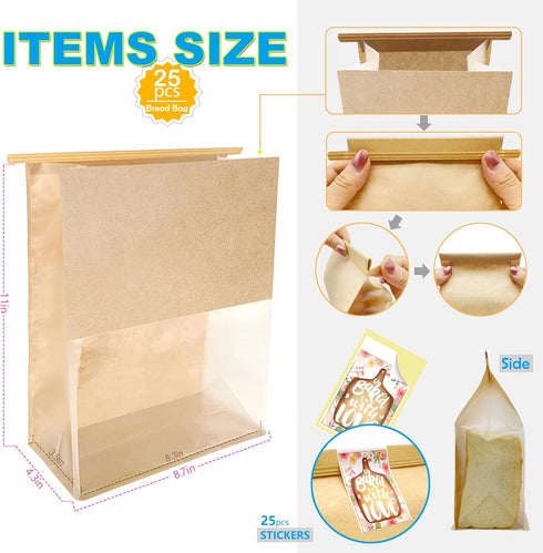 BIUBIU 25ct 8.74.311inch Thicker Large Bread Bags for Homemade with Window, Twist Tie & Sticker Label - Ideal