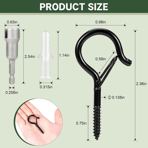 InPoTo 12PCS 2.2 Inches, 1 Q Hanger Hooks with Safety Buckle, Windproof Screw Hooks, Outdoor String Lights, Plants