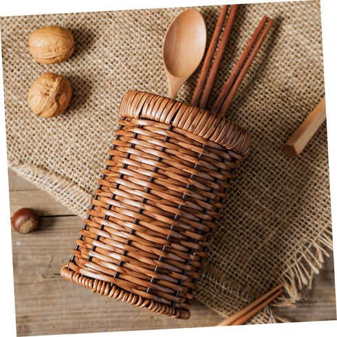 Rattan Silverware Utensil Holder - Imitation Rattan Drying Rack, Wicker Cup, Flatware Storage Basket