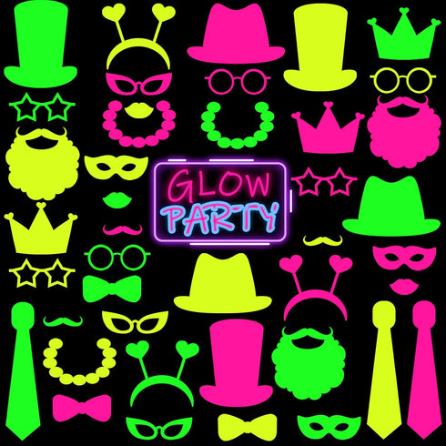 Skylety 42 Pcs Neon Photo Booth Props, Fully Assembled Colorful Fluorescent Paper for Birthday, Wedding, Halloween,