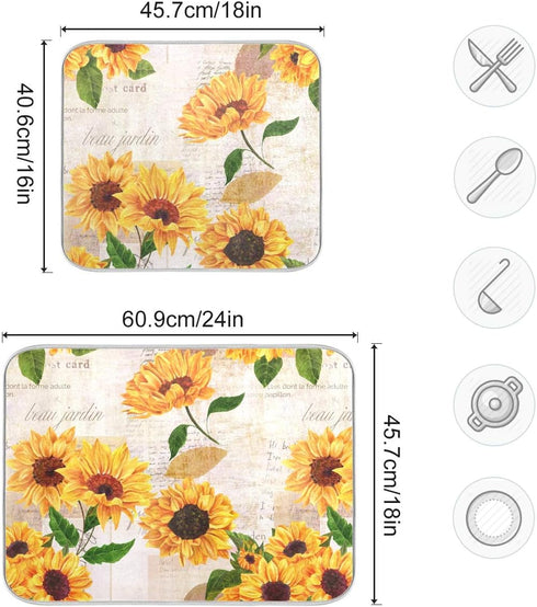 Qilmy Sunflowers Dish Drying Mat, Non-Slip Water Absorption Mat for Kitchen Countertop (16 x 18 Inch)