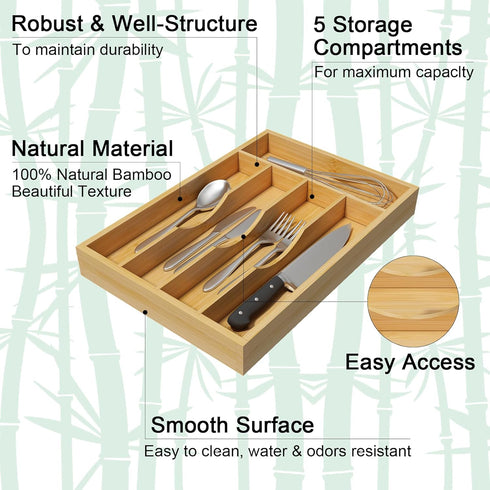 Utensil Organizer Bamboo for Kitchen Drawers, Cutlery Tray and Silverware Holder, Wood Drawer Dividers with 5 Slots