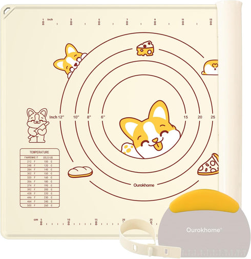 Ourokhome Extra Thick Silicone Baking Mat with Dough Cutter, 20'' x 16", Beige