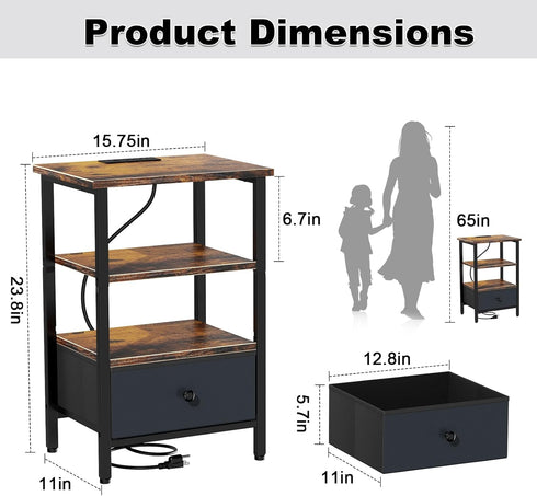 Side Table with Charging Station, Nightstand with Adjustable Fabric Drawer, Bedside Table for Bedrooms, Living Rooms