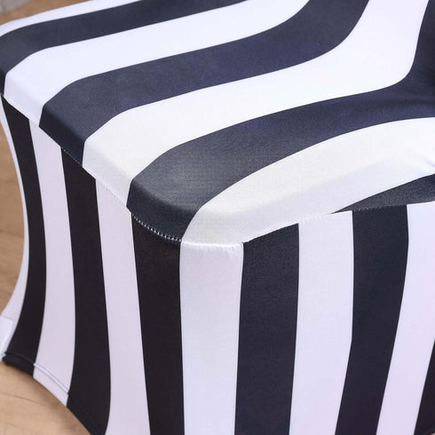 2" 160GSM Efavormart Black & White Striped Spandex Stretch Fitted Folding Chair Cover with Foot Pockets - Premium