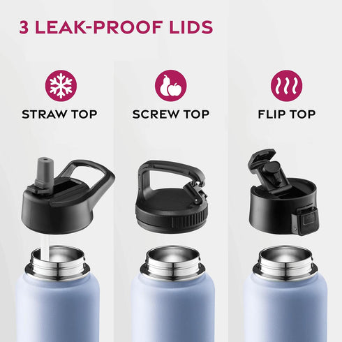 FineDine 25 Oz Triple Walled Insulated Water Bottles with Straw - Stainless Steel Metal Bottle with 3 Leak Proof Lids -