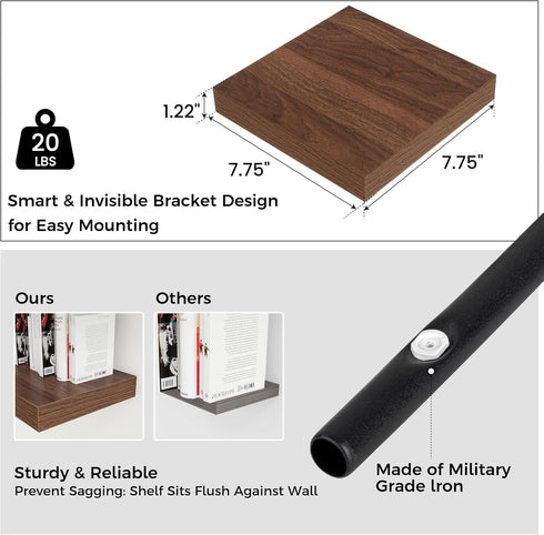 8"W 8"D 1.2"H, Set 3 Square Floating Shelves for Wall x x Small Engineered Wood Wall Shelves with Invisible Brackets