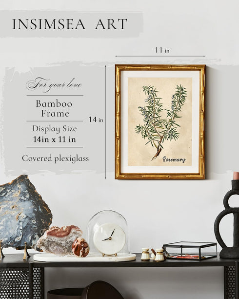 11x14inch InSimSea Gold Bamboo Framed Canvas Wall Art, Retro Herbs Rosemary Botanical Paintings, Antique Vintage