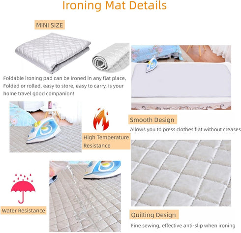Ironing Mat Blanket, Portable Travel Ironing Pad, Quilted Heat Resistant Cover for Washer, Dryer, Table Top 33"X19"