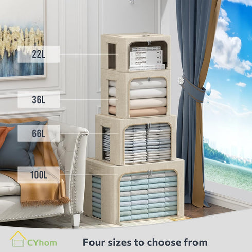 Clothes Storage Bins Box - Foldable Stackable Linen Fabric Organizer Set with Clear Window & Carry Handles - 2 Pack for