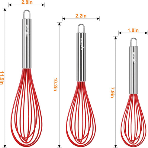 NileHome Whisk Commercial Stainless Steel wisk & Silicone Non-Stick Coated Small Whisk Set 8" 10" 12" Kitchen Wisk Wire Whisks for Cooking 3 Pack, Red
