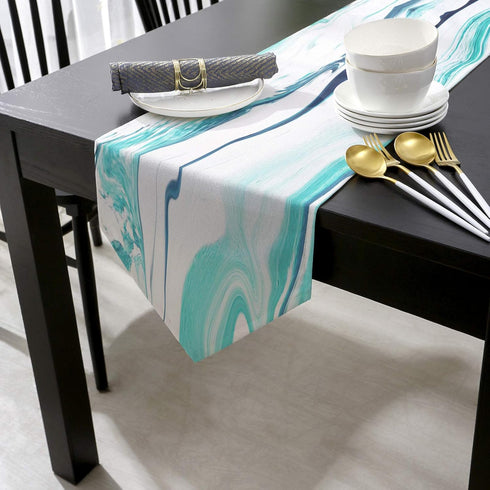 Cotton and Linen Triangle Table Runners, 90 Inches Long, Abstract Liquid Modern Turquoise Print for Table Decoration