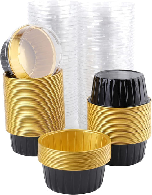 DEAYOU 100 Pieces Baking Cups with Lids, 3" Cupcake Tin Pan Holder for Pudding, Souffle, Party, Wedding - Black Gold