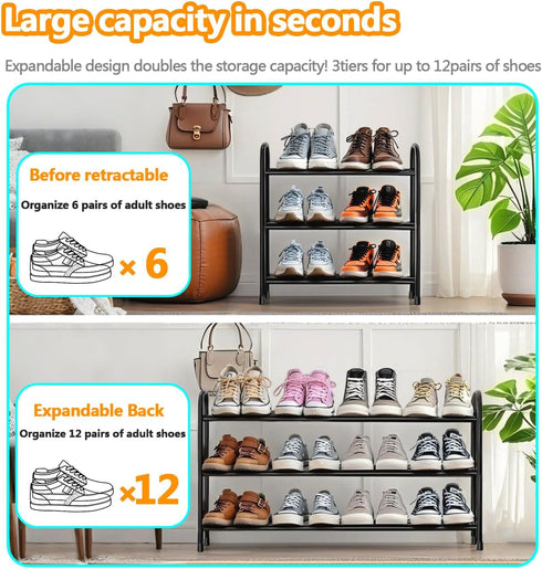 3 Closet,Slim Expandable Shoe Rack, Tier Adjustable Shoe Organizer Shelf for Narrow Black Metal Free Standing Shoe Rack