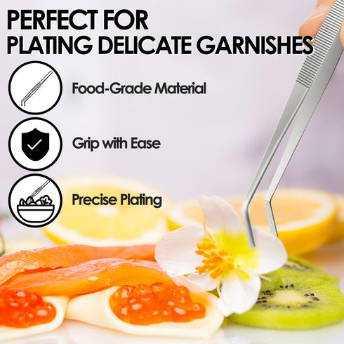 Gutsdoor Kitchen Tweezers Set of 2 Stainless Steel Tongs with Precision Serrated Tips for Cooking (8 Inch)