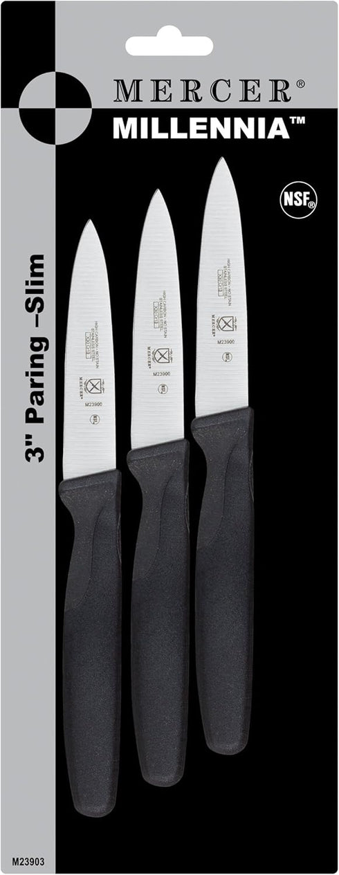 Mercer Culinary M23903 Millennia Black Handle Paring Knives, 3-Pack, 3-Inch Slim