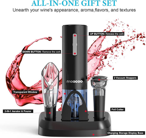 Moocoo Electric Wine Opener with Charging Base, Cordless Bottle Opener with 2-in-1 Aerator & Pourer, Easy Storage