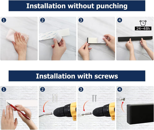 Magnetic Knife Holder for Wall, 10 Inch Black Knife Strip with 2 Hooks, Powerful Magnet Rack with Adhesive Tape and