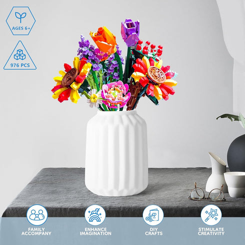 Flower Bouquet Building Set - 17 Artificial Botanical Collection Flowers DIY Home Decoration Gifts (976 Pcs)