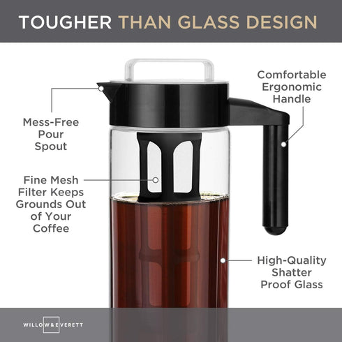 Willow & Everett Cold Brew Coffee Maker, Glass Pitcher with Stainless Steel Spout and Removable Filter
