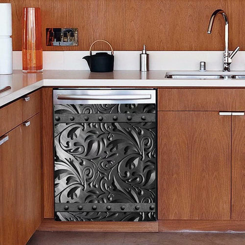 Black Floral Dishwasher Magnet – Engraved Dark Pattern Sticker for Fridge – Magnetic Panel Decals for Home Appliances