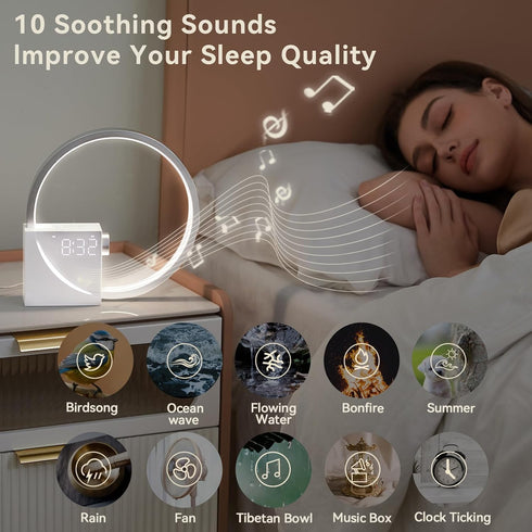 Dimmable Snooze,10 Vivilumens Sunrise Digital Alarm Clock, White Noise Sound Machine, Sleep Aid Timer with USB Port