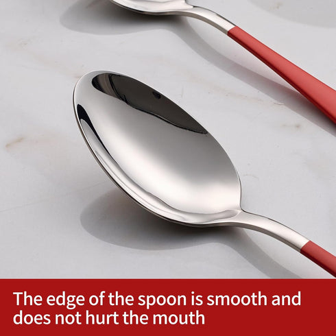 Red Dine Spoons Set, 12 Piece 7.3-Inch Red Handle Silverware Spoon, 18/0 Stainless Steel Flatware