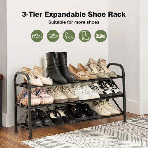 3-Tier Closet, 16"-32" Closet Shoe Rack for Expandable ShoeRackAdjustable for Entryway Doorway SturdyMetal, Black