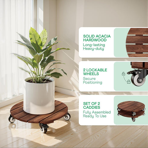 2pack 264 Lbs 12 Inch 360 Wood Plant Caddy With Wheels Heavy Duty Red Brown, Capacity, Acacia Hardwood Plant Roller