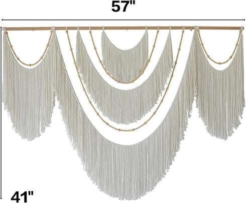 Flber 57" 41" Large Macrame Wall Hanging Boho Yarn Art Garland with Tassels and Beads, Handmade Rope Decor for Nursery