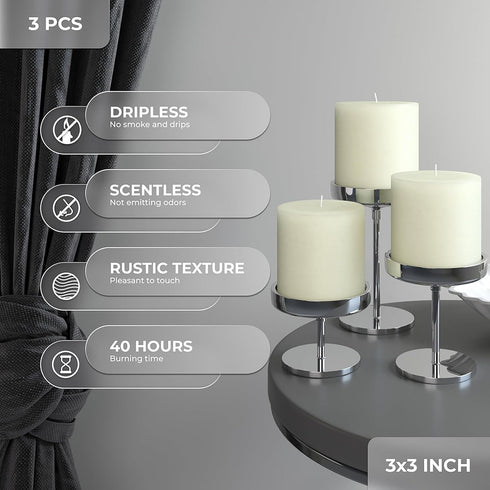 CANDWAX Set of 3 Rustic Unscented No Drip Ivory Pillar Candles for Home Decor, Weddings, Centerpieces