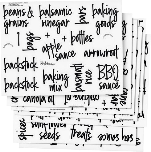 Talented Kitchen 158 Pieces Food Storage Labels for Glass Containers, Preprinted Black Script on Clear Stickers (Water