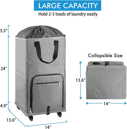 4 2 Laundry Hamper with Wheels, Bukere Large Rolling Laundry Basket with Casters and Handles, Collapsible Freestanding