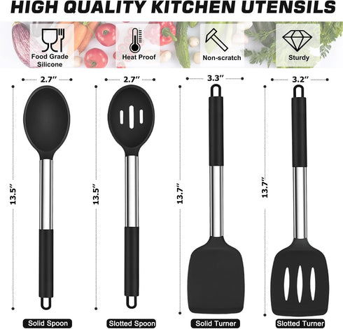 TeamFar Kitchen Utensils, 4 PCS Silicone Cooking Utensils Spatula Spoon Set with Stainless Steel Handle, for Frying Mixing Draining Turning, Healthy & Heat-proof, Non-stick & Dishwasher Safe - Black by TeamFar