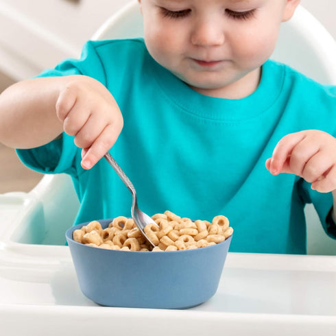 WeeSprout Bamboo Kids Bowls, Set of Four 10 oz Kid-Sized Bowls, Dishwasher Safe (Blue, Green, Gray, Beige)
