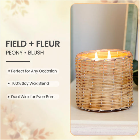 FIELD FLEUR Peony Blush Scented Candle – 12oz Luxury Soy Wax, Handwoven Glass Jar, Sandalwood, Pink Peppercorn with