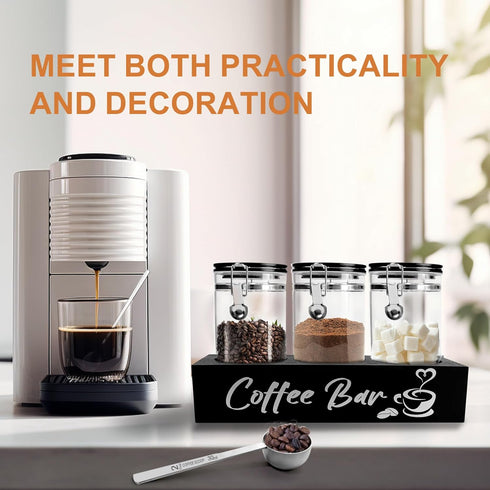 54oz Set MACIFECI Glass Coffee Containers with Shelf Coffee Station Organizer Black Glass Coffees Bean Storage Canister